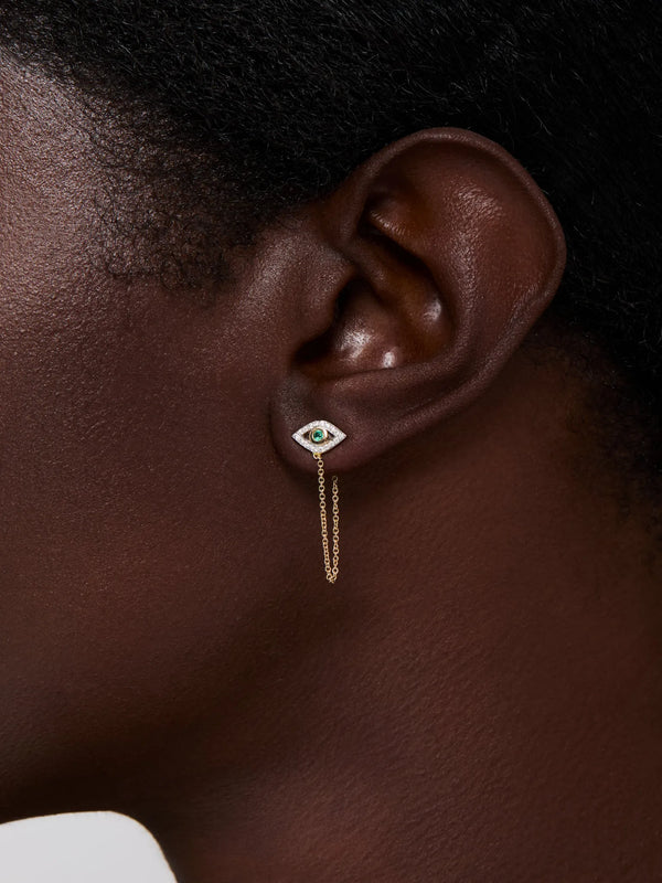 14kt Emerald Evil Eye Studs with Chain DropMATEO Jewelry New York