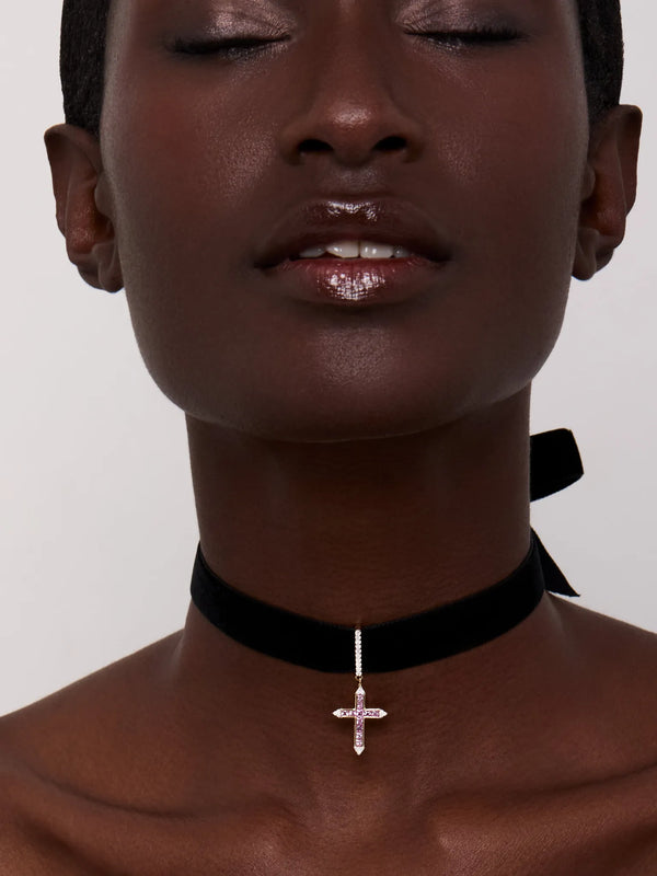 14kt Pink Sapphire and Diamond Cross Black Velvet ChokerMATEO Jewelry New York
