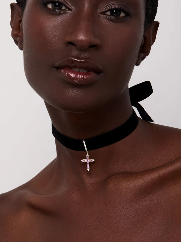14kt Pink Sapphire and Diamond Cross Black Velvet ChokerMATEO Jewelry New York