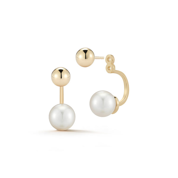 Brincos em Ouro 14k com Design Ear Jacket, Esfera e Pérola