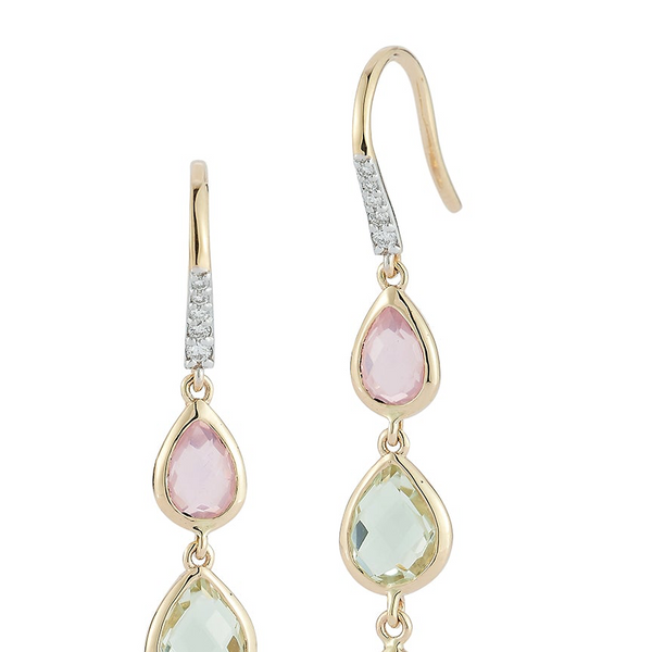A pair of gold drop earrings with four cascading teardrop-shaped gemstones in pink, light green, light blue, and sky blue, accented by small clear stones on the upper hooks, shown on a white background.