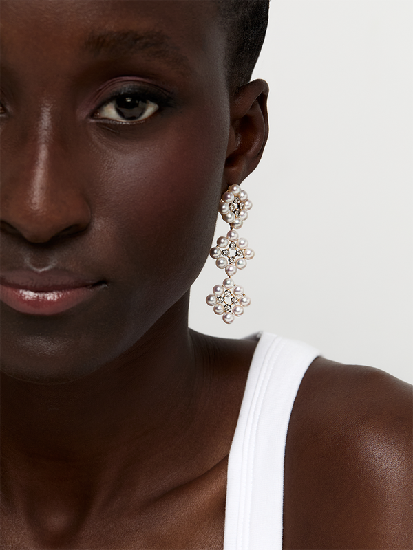 14kt Pearls and Diamond Cluster Drop Earrings