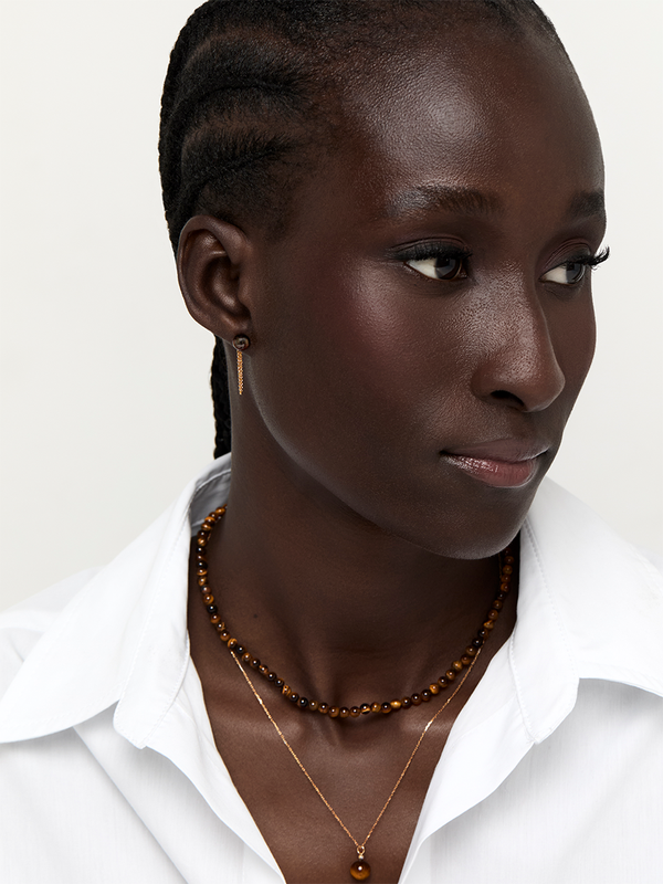 Tigers Eye Studs with Chain Drop Earrings