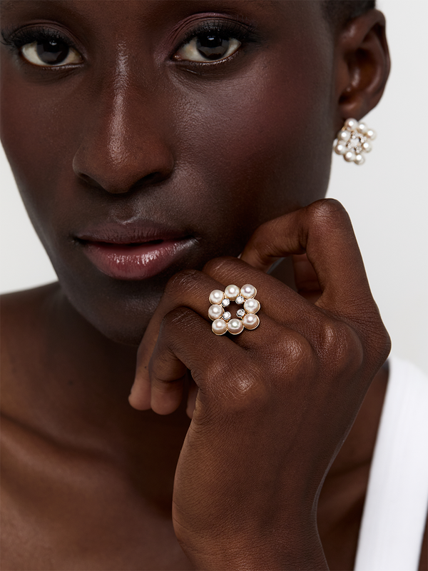14kt  Pearls and Diamond Cluster Ring