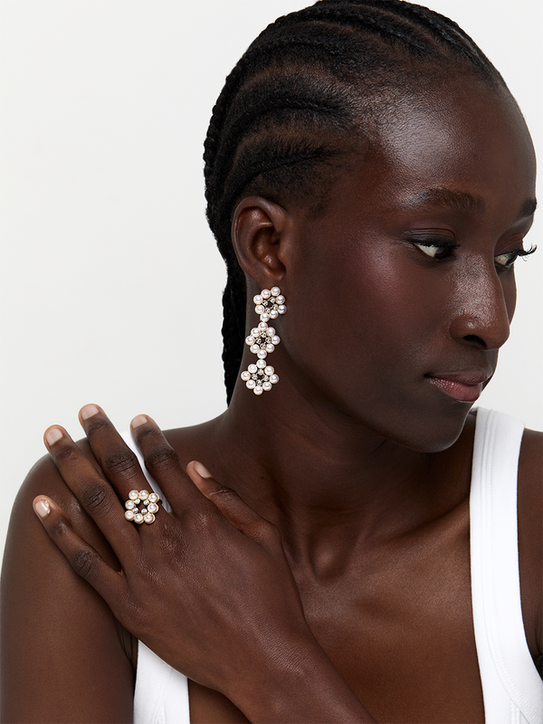 14kt Pearls and Diamond Cluster Drop Earrings