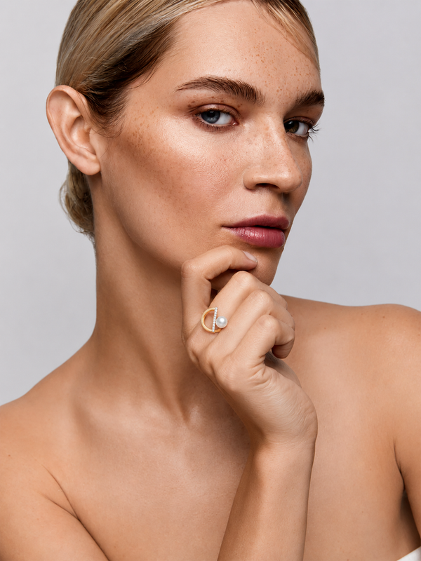 Pearl and Diamond Halfmoon Ring