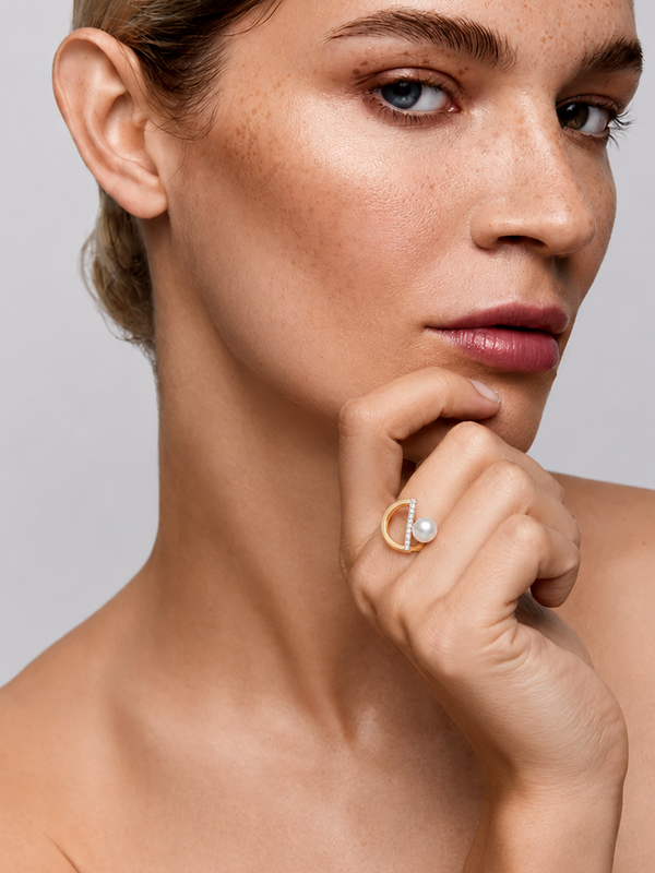 Pearl and Diamond Halfmoon Ring