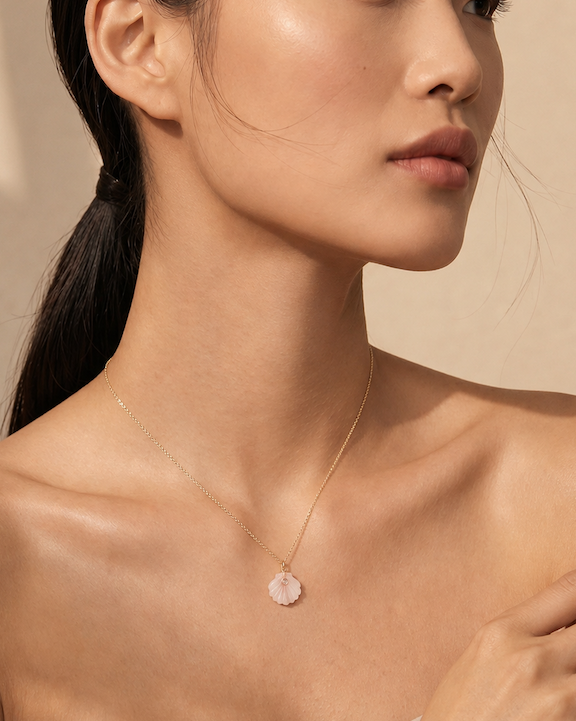 Carved Rose Quartz Venus Shell Necklace