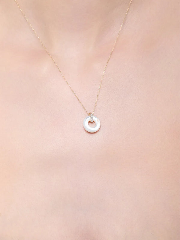 14kt Mother of Pearl  Donut and Diamond Door Knocker NecklaceMATEO Jewelry New York