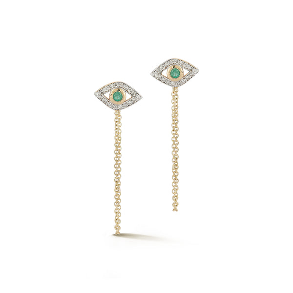 Emerald Evil Eye Studs with Chain Drop