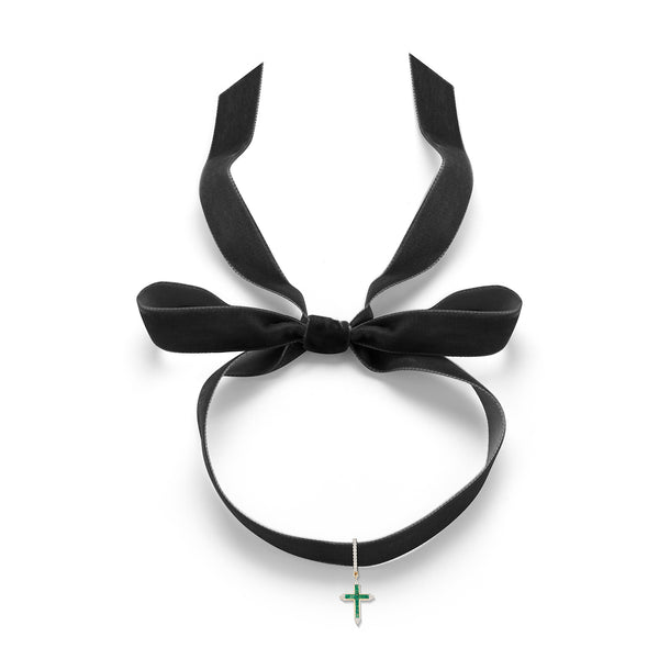 Emerald and Diamond Cross Velvet Choker