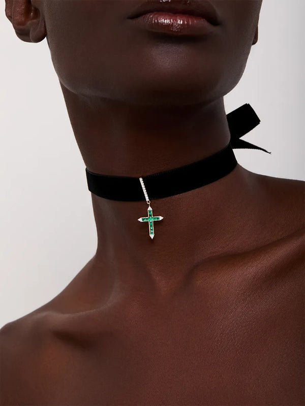 14kt Emerald and Diamond Cross Velvet ChokerMATEO Jewelry New York