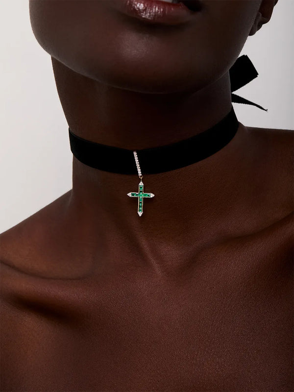 14kt Emerald and Diamond Cross Velvet ChokerMATEO Jewelry New York