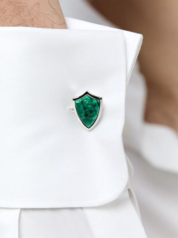 Carved Lion Malachite Shield CufflinksMATEO Jewelry New York
