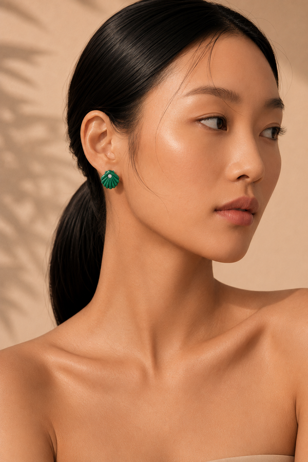 Carved Malachite Venus Shell Studs