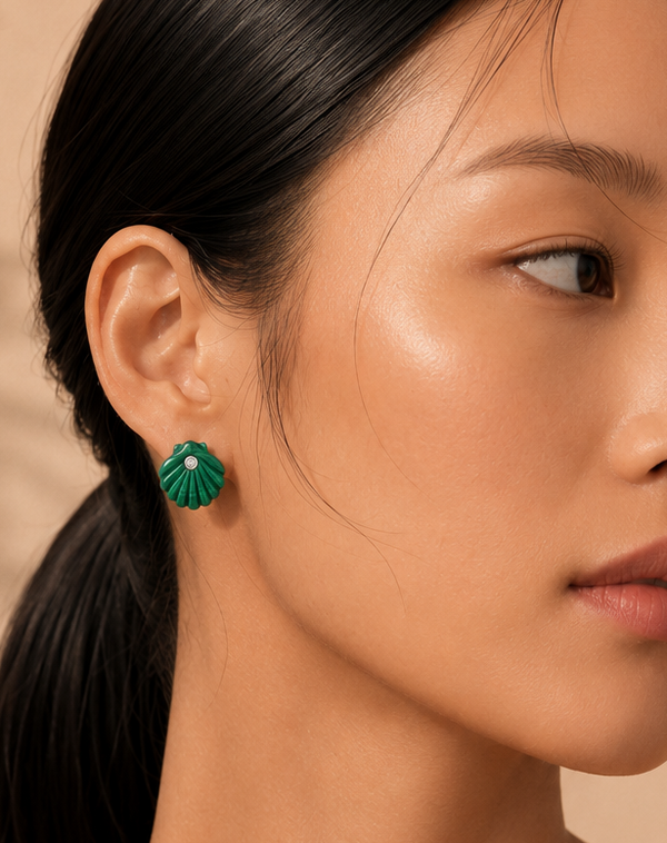Carved Malachite Venus Shell Studs