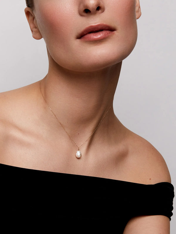 14kt Scattered Diamond Bezel Baroque Pearl NecklaceMATEO Jewelry New York
