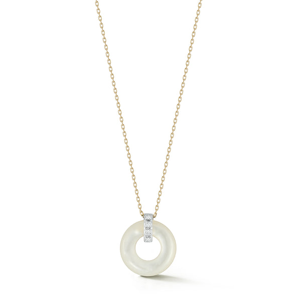 14kt Mother of Pearl  Donut and Diamond Door Knocker Necklace