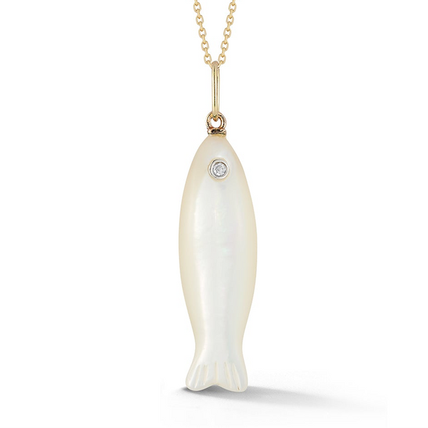 A gold chain necklace with a fish-shaped pendant made of milky white mother-of-pearl, featuring a small round clear gemstone near the top, shown on a plain white background.