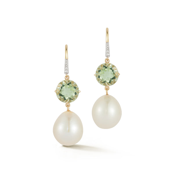 Brilliant Green Amethyst and Baroque Pearl Drop Earrings