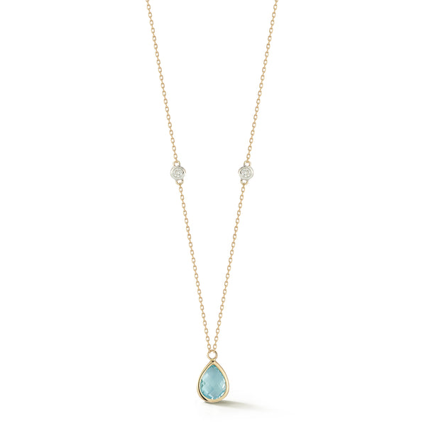 14kt Blue Topaz Pear and Diamond Bezel Necklace