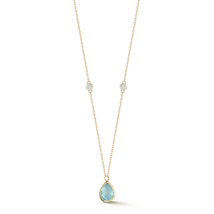 Blue Topaz Pear and Diamond Bezel Necklace