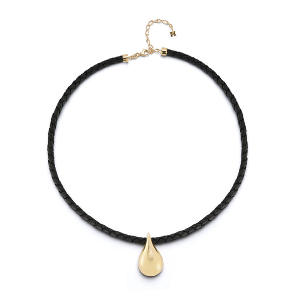 Gota de água 14kt em colar de couro