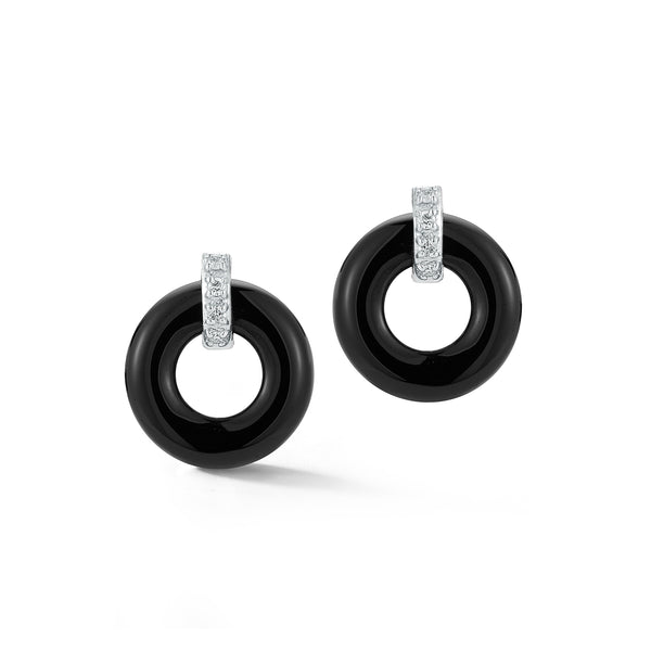 14kt Onyx Donut and Diamond Door Knocker Earrings
