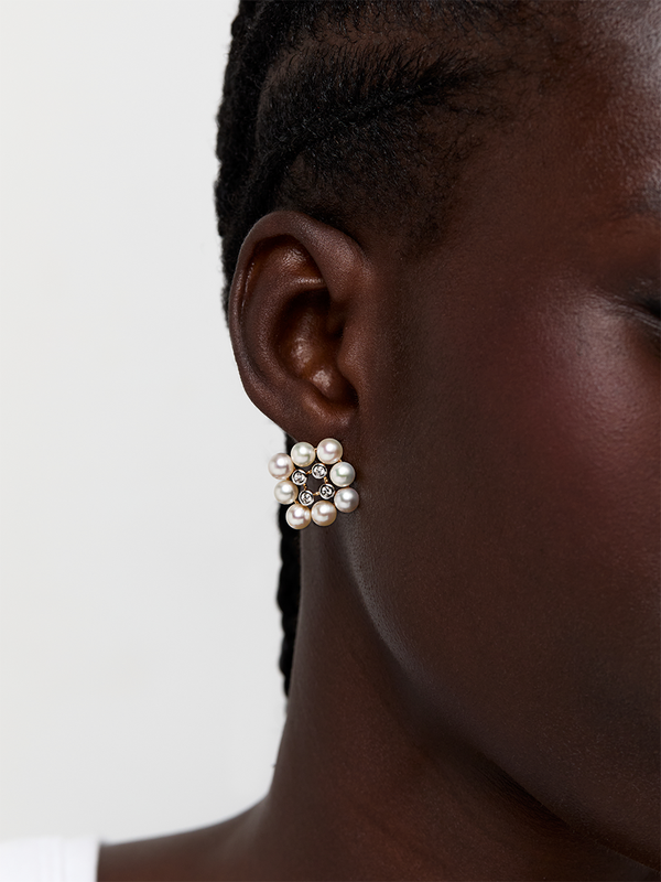 14kt Pearls and Diamond Cluster Stud Earrings