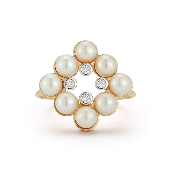 14kt  Pearls and Diamond Cluster Ring