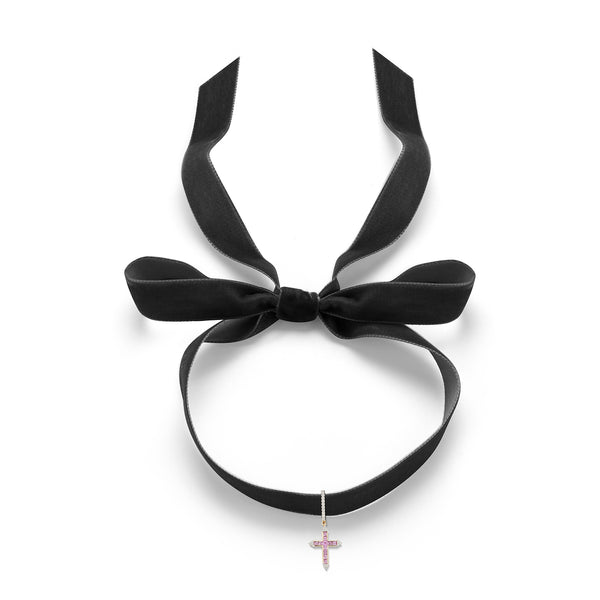 Pink Sapphire and Diamond Cross Black Velvet Choker