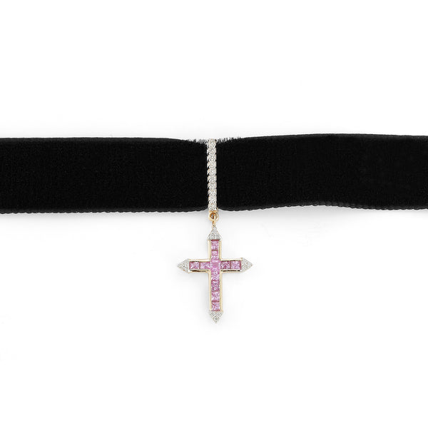 Pink Sapphire and Diamond Cross Black Velvet Choker