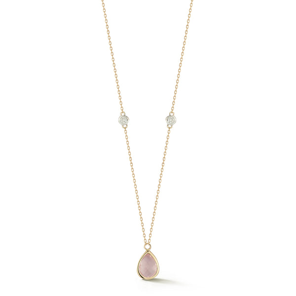 Pink Topaz Pear and Diamond Bezel Necklace