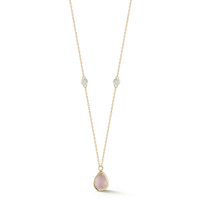 Pink Topaz Pear and Diamond Bezel Necklace