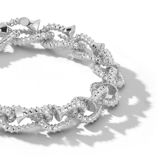 A silver beaded wrap bracelet with textured metallic links and a lobster clasp, photographed on a clean white background with a soft shadow.