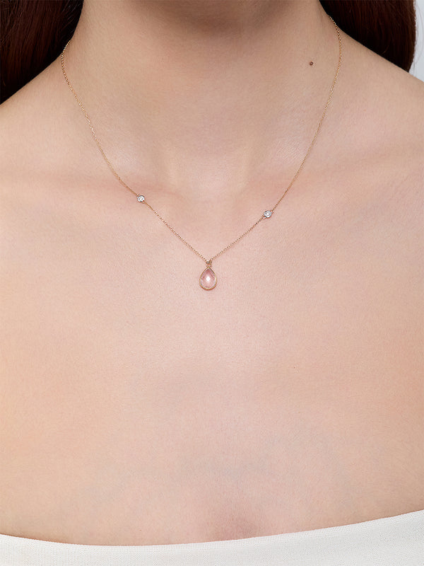 Pink Topaz Pear and Diamond Bezel Necklace