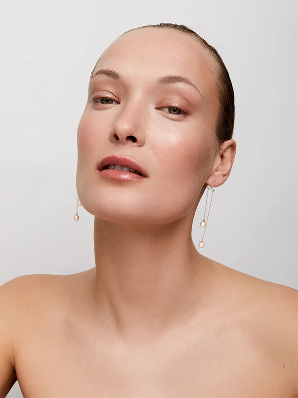 14kt Gold Diamond Bar Duo Pearl Drop EarringMATEO Jewelry New York