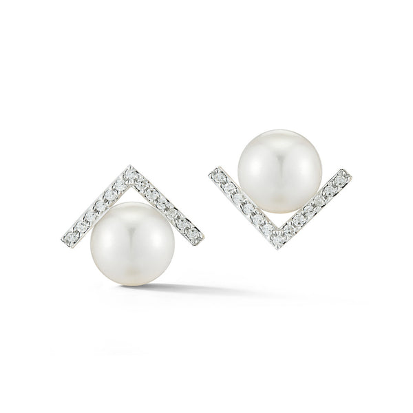 Brincos de Pérola com Detalhe Angular de Diamantes em Ouro 14kt