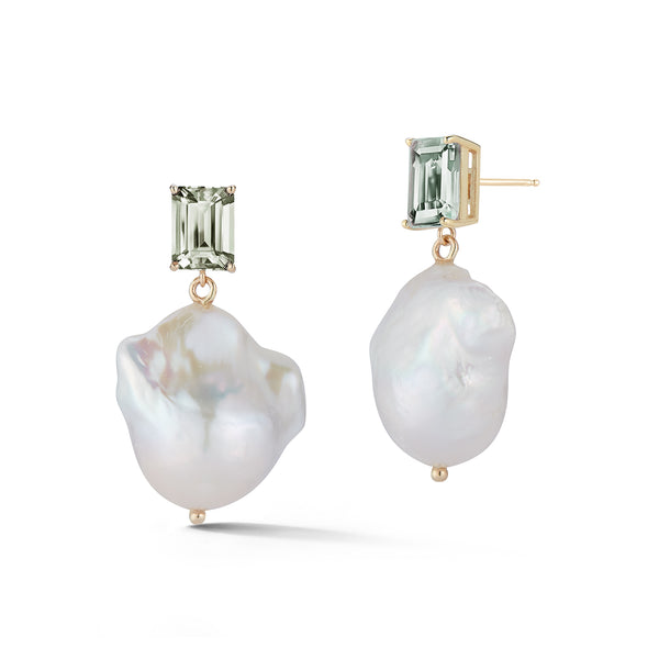 Green Amethyst and Baroque Pearl Earrings
