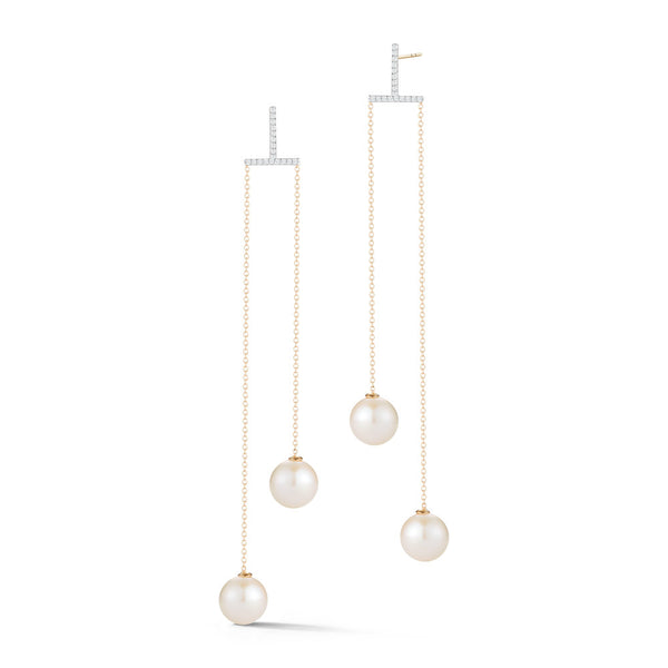 Brincos de Ouro 14k com Barra de Diamantes e Pérolas Suspensas
