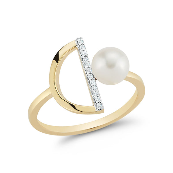 Anel Meia-Lua em Ouro 14k com Pérola e Diamantes